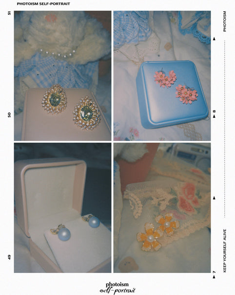 Someday she Whispering Fragments blog - Aesthetic pink floral earrings and vintage jewelry collection for self-portrait.