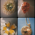 Someday she - Close-up of golden petal jewelry with a pearl center, capturing the texture of an afternoon dream.