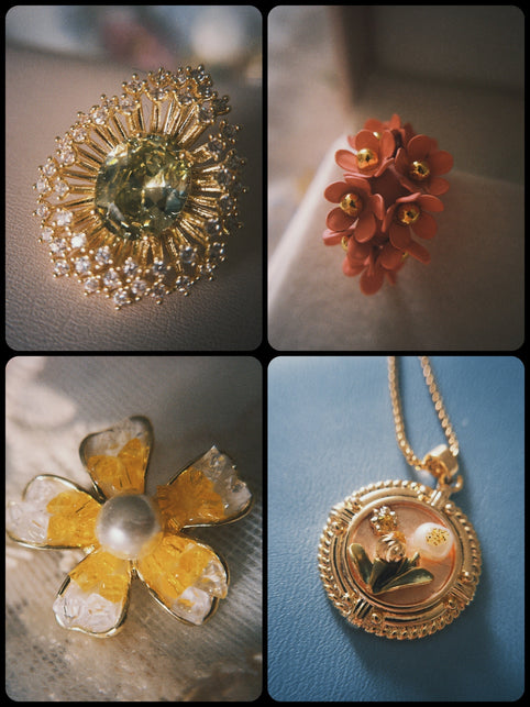 Someday she - Close-up of golden petal jewelry with a pearl center, capturing the texture of an afternoon dream.