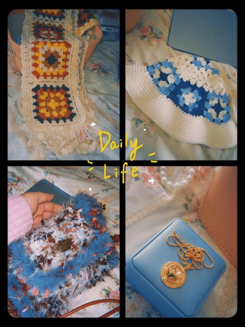 Someday she artisanal blue and white crochet bag - a small anchor for a Tuesday afternoon. Someday she vintage-inspired gold medallion necklace captured in soft winter light. 