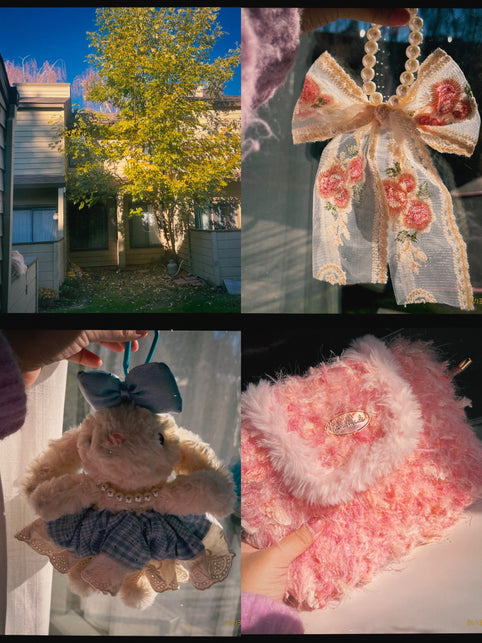 Someday she "The Little Things" journal - A collage of small joys: a plush bunny with a blue bow, a pink shaggy bag, and a floral ribbon in the sunlight.