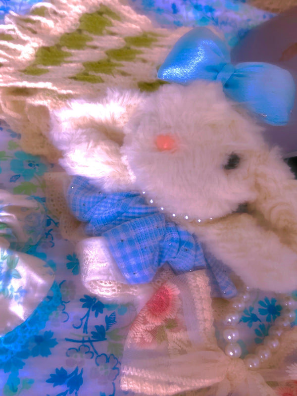Someday she "Dream Fragments Mix" collection - Aesthetic white fluffy bunny bag charm and blue floral ruffled scrunchie, narrative accessories designed to decorate your daily life.
