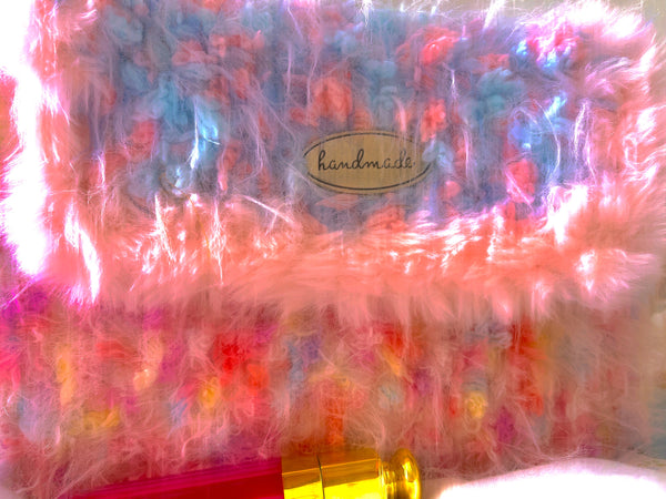 Someday she Emotional Baggage collection - Colorful hand-crocheted shaggy artisanal handbag with a fuzzy tactile texture.