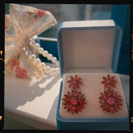 Red floral earrings in an open jewelry box with a pearl necklace in the background.