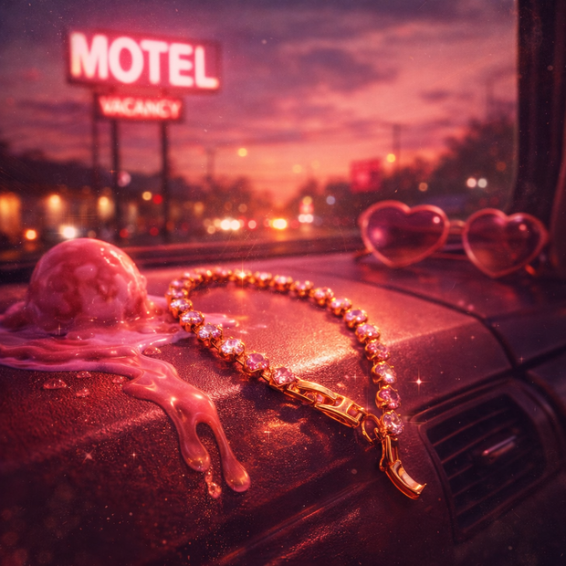 Someday she - Dream visual for American Honey theme, featuring the sunset pink zircon bracelet on a vintage car hood with heart-shaped sunglasses and a melting ice cream cone at a retro motel at sunset.