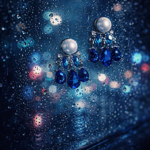 Someday she - Dream visual of vintage blue gemstone and pearl earrings against a rainy window at night, with blurry city lights and bokeh in the background.