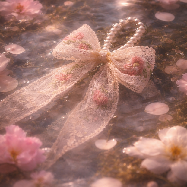 Someday she - Dream visual of the Fabricated Spring lace ribbon bow with floral embroidery and pearls, floating on sparkling water with scattered pink cherry blossoms in soft sunlight.