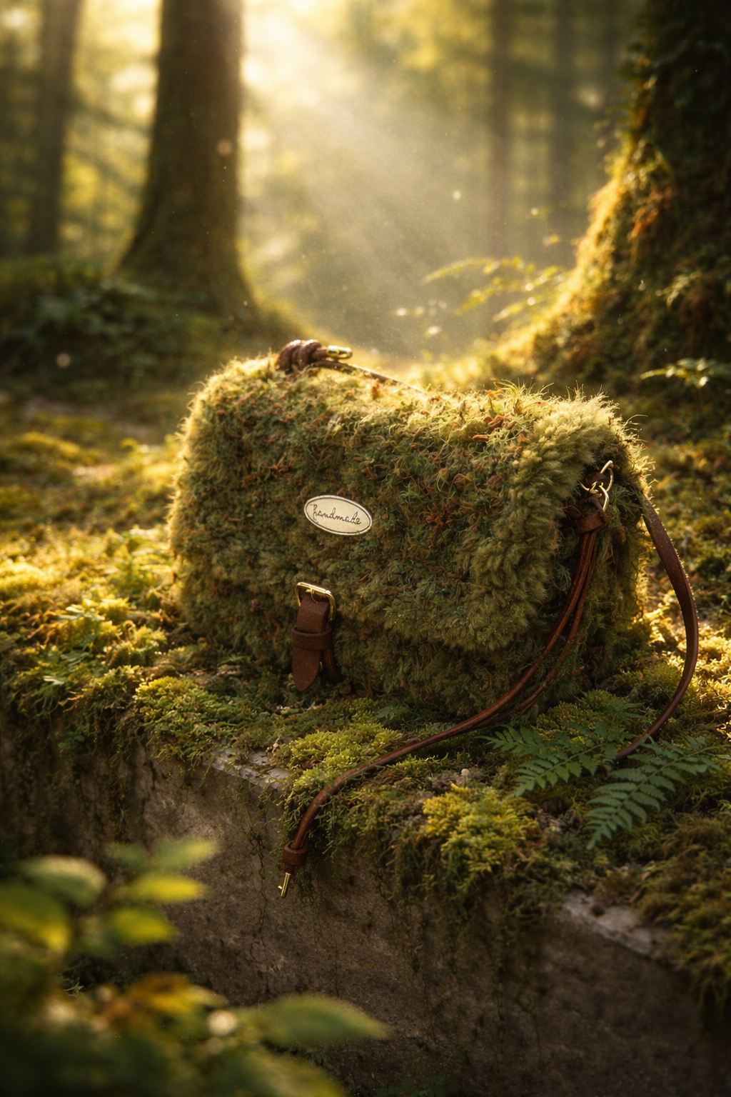 Someday she - Dream visual of the Moss Has No Deadline forest green bag, appearing as a natural moss formation in a sun-drenched enchanted forest with ancient trees.