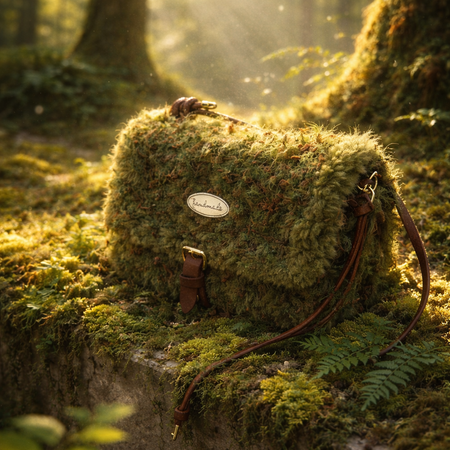 Someday she - Dream visual of the Moss Has No Deadline forest green bag, appearing as a natural moss formation in a sun-drenched enchanted forest with ancient trees.