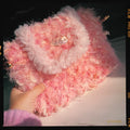 Someday she - Peaches Never Sleep one-of-a-kind hand-blended artisanal bag in a soft peach and pink colorway, featuring a shaggy textured finish and elegant pearl strap.