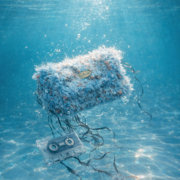 Someday she - Dream visual of the Seafoam Amnesia blue hand-crocheted shaggy bag and a cassette tape floating underwater in a deep blue ocean with sunbeams piercing through the surface.