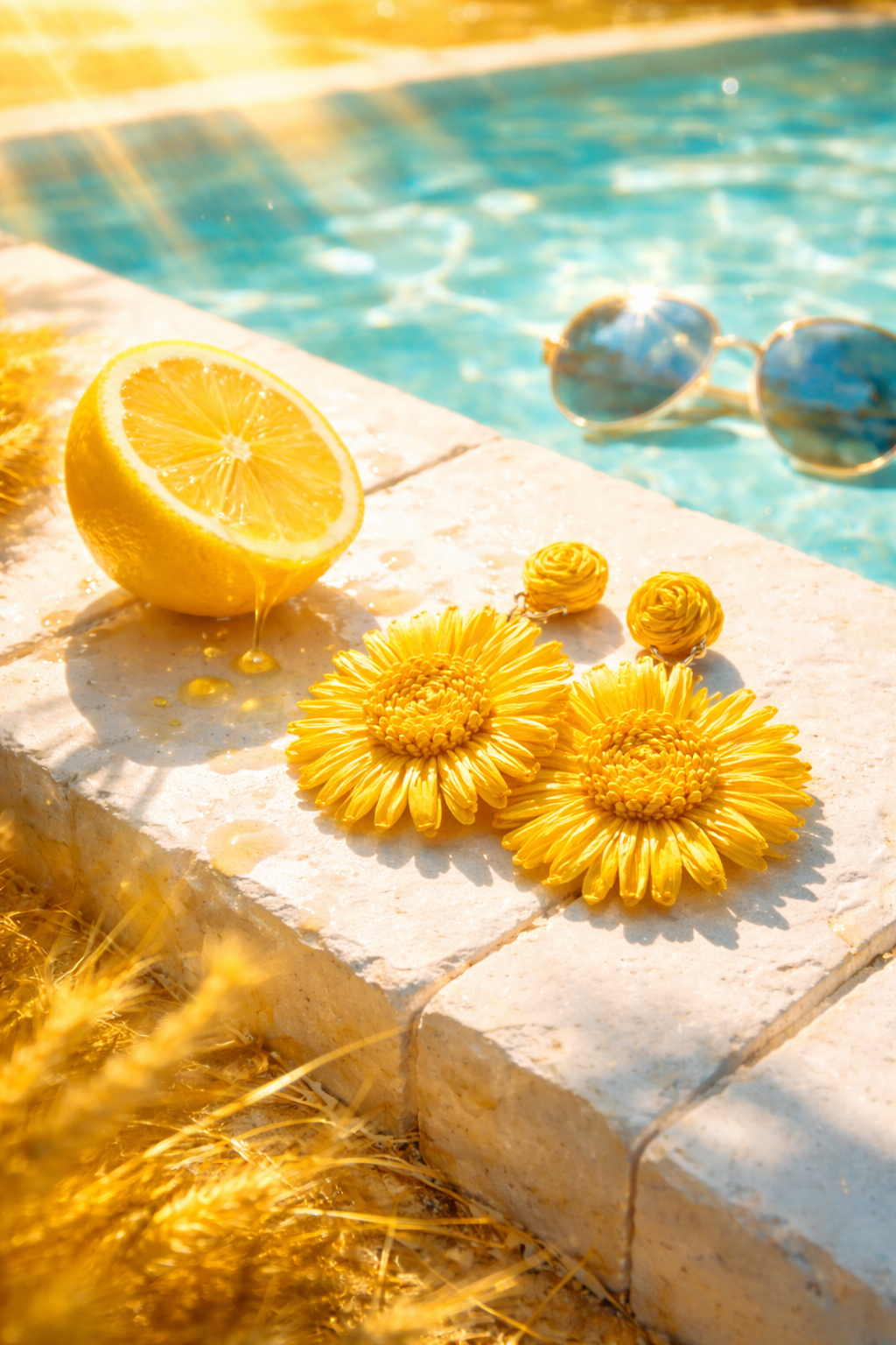 Someday she - Dream visual of yellow natural raffia floral earrings by a sparkling blue swimming pool, accompanied by a fresh lemon and sunglasses in bright summer sunlight.