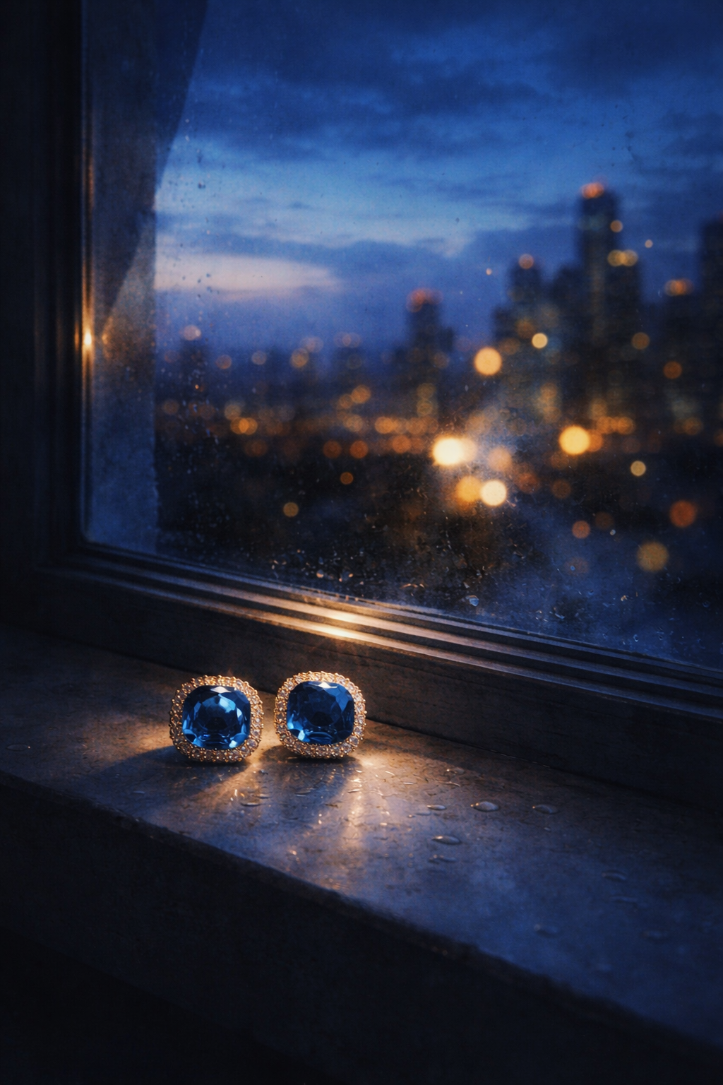Someday she - Dream visual of The Blue Hour square midnight blue gemstone earrings on a rainy windowsill, overlooking a blurry city skyline at night with golden lights.