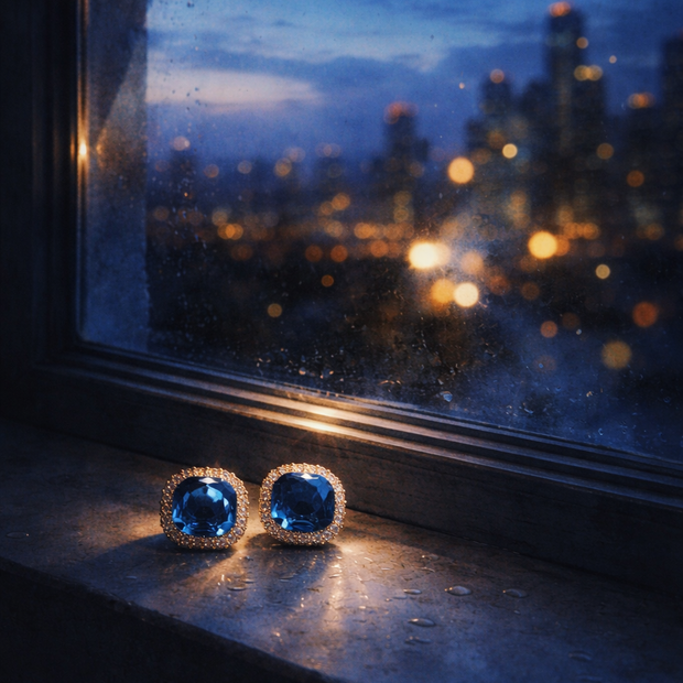 Someday she - Dream visual of The Blue Hour square midnight blue gemstone earrings on a rainy windowsill, overlooking a blurry city skyline at night with golden lights.