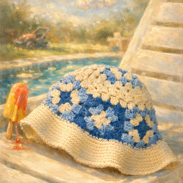 Someday she - Dream visual oil painting of The Cloud Watcher blue and white hand-crocheted granny square bucket hat, resting on a poolside lounge chair with a melting orange popsicle in a sunny summer scene.