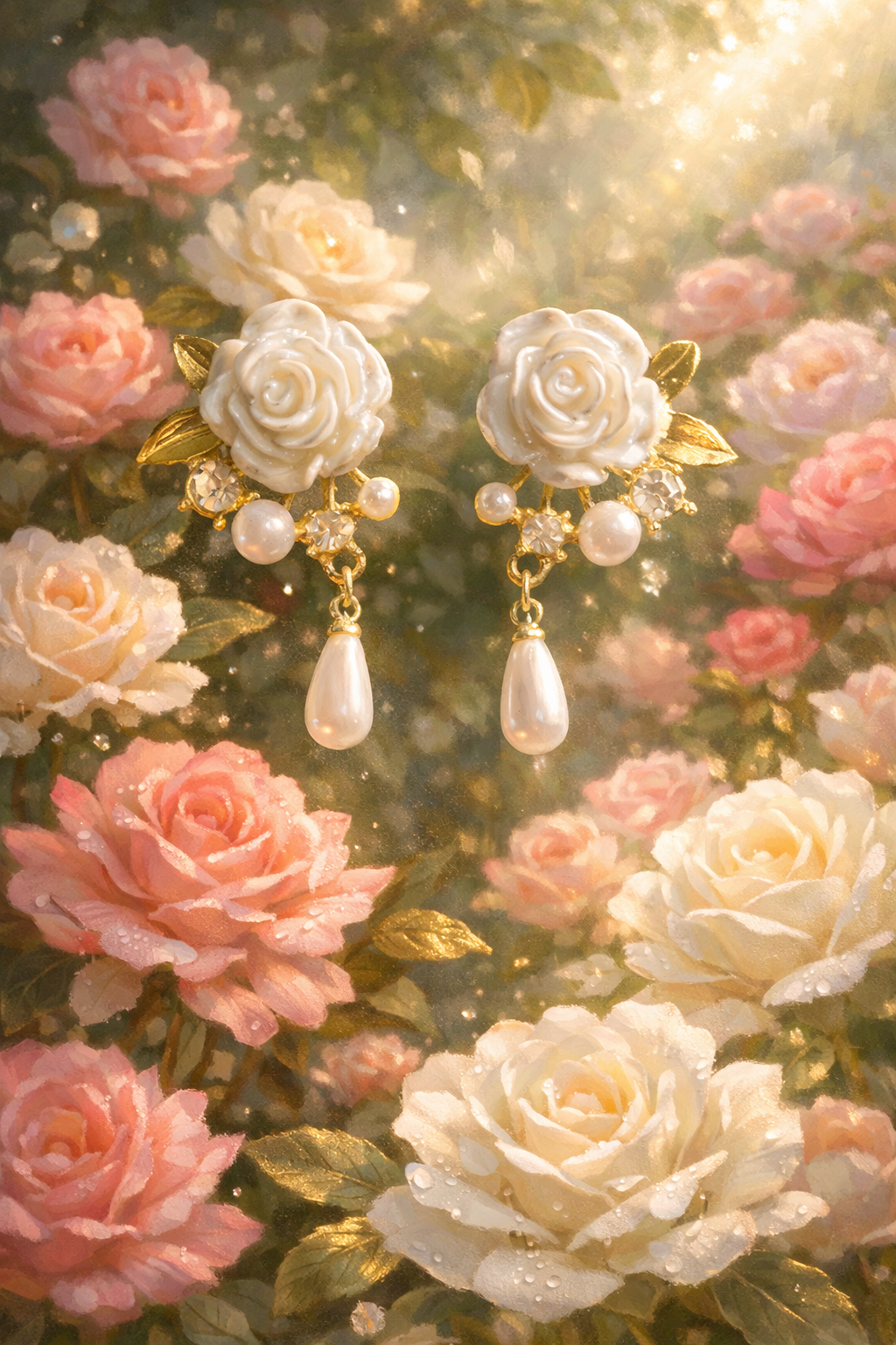 Someday she - Dream visual oil painting of The Dalloway white rose pearl drop earrings suspended in a lush garden of blooming roses with ethereal golden light.