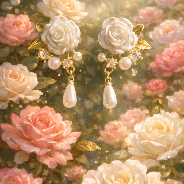 Someday she - Dream visual oil painting of The Dalloway white rose pearl drop earrings suspended in a lush garden of blooming roses with ethereal golden light.