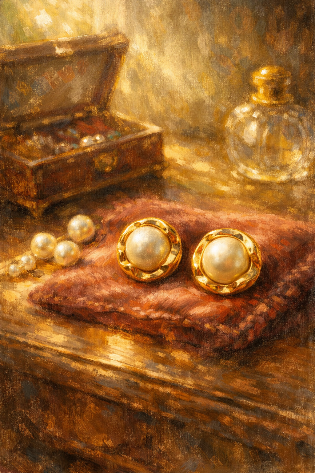 Someday she - Dream visual of The Gilded Age vintage statement pearl earrings on a red velvet cushion, featuring a classic jewelry box and perfume bottle in a warm, oil painting style aesthetic.