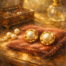 Someday she - Dream visual of The Gilded Age vintage statement pearl earrings on a red velvet cushion, featuring a classic jewelry box and perfume bottle in a warm, oil painting style aesthetic.
