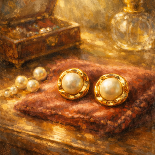 Someday she - Dream visual of The Gilded Age vintage statement pearl earrings on a red velvet cushion, featuring a classic jewelry box and perfume bottle in a warm, oil painting style aesthetic.