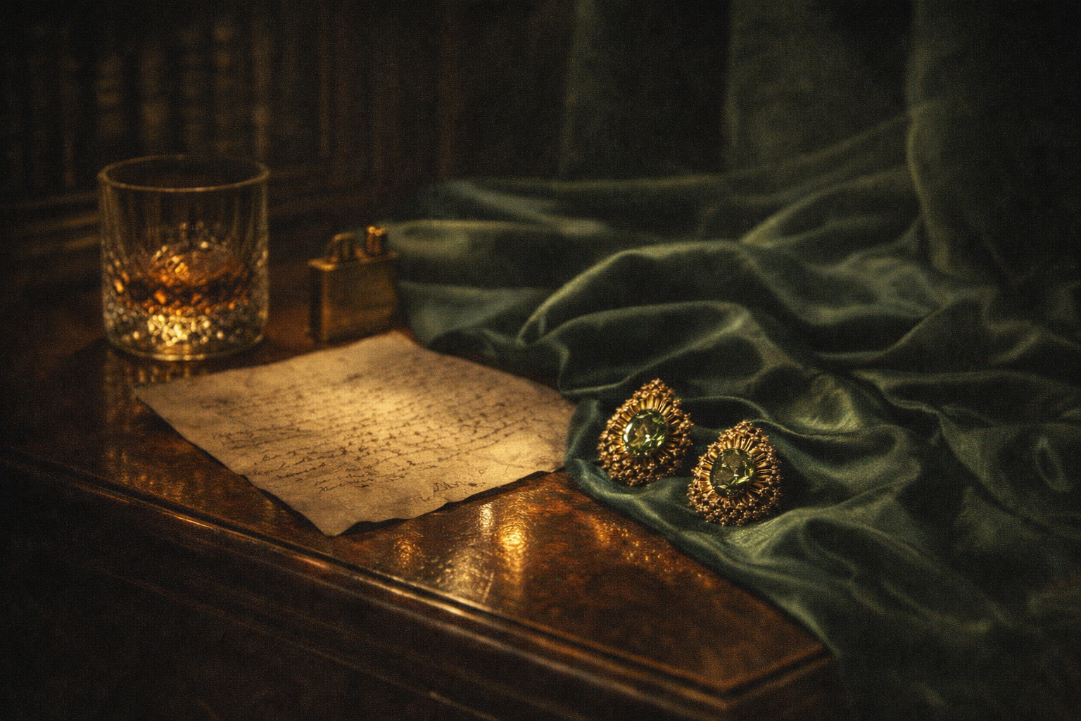 Someday she - Dream visual of The Green Library vintage emerald starburst halo studs on draped dark green fabric, next to an old handwritten letter, a glass of whiskey, and a gold lighter in a moody, atmospheric study.