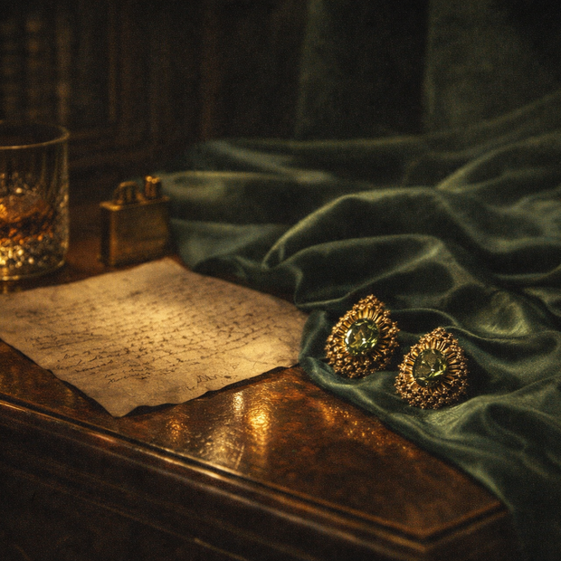 Someday she - Dream visual of The Green Library vintage emerald starburst halo studs on draped dark green fabric, next to an old handwritten letter, a glass of whiskey, and a gold lighter in a moody, atmospheric study.