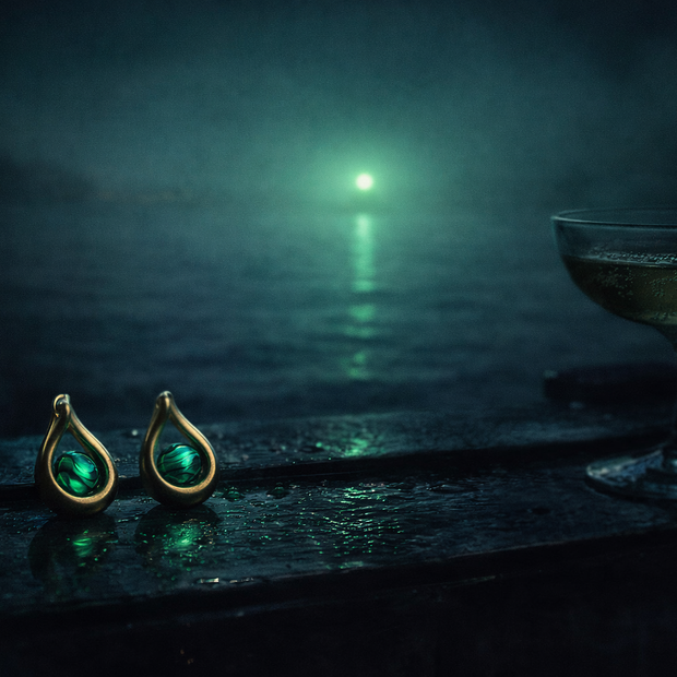 Someday she - Dream visual of The Green Light vintage gold malachite earrings on a dark wooden pier, beside a cocktail glass with a mysterious green light glowing over the ocean in the background.