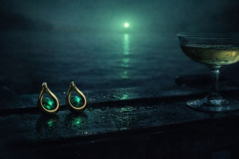 Pair of earrings with green gemstones on a dark surface with a candlelit background