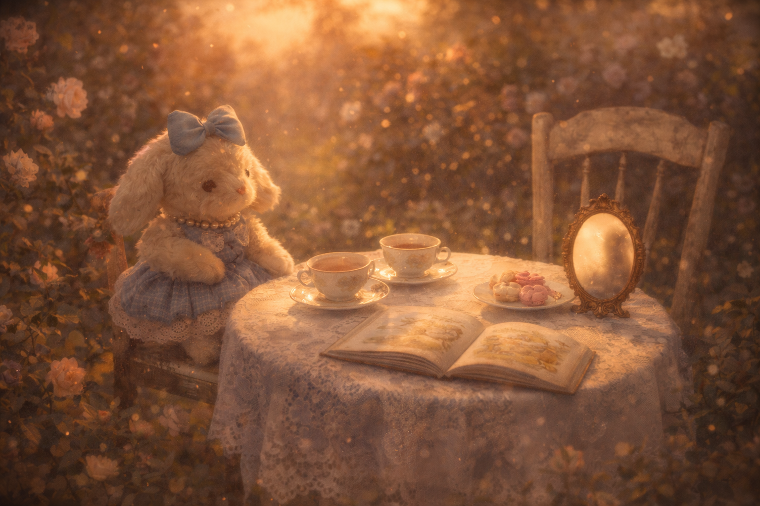 Someday she - Dream visual of The Imaginary Friend vintage fluffy bunny sitting at a floral teatime table with a vintage mirror and an open book in a sun-drenched garden.