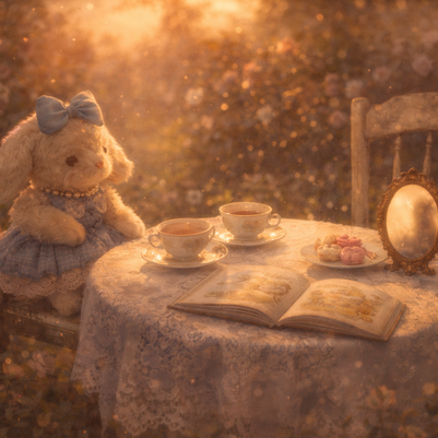 Someday she - Dream visual of The Imaginary Friend vintage fluffy bunny sitting at a floral teatime table with a vintage mirror and an open book in a sun-drenched garden.