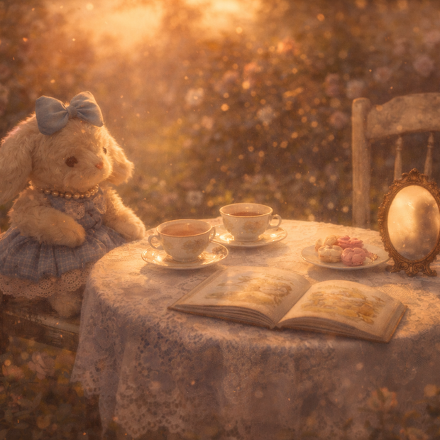 Someday she - Dream visual of The Imaginary Friend vintage fluffy bunny sitting at a floral teatime table with a vintage mirror and an open book in a sun-drenched garden.