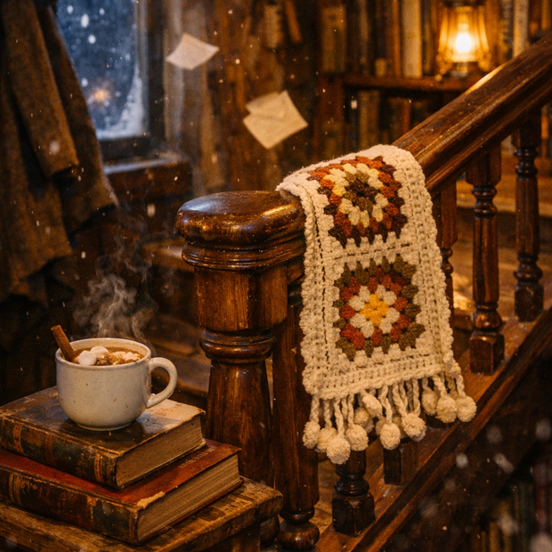 Someday she - Dream visual of The Little Women hand-crocheted granny square scarf with tassels draped on a rustic banister in a cozy, snowy library scene with books and hot chocolate.