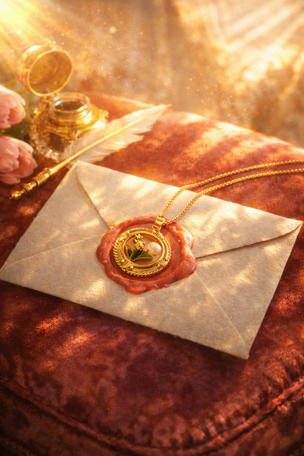 Someday she - Dream visual of The Love Letter French vintage medallion necklace resting on a wax-sealed envelope in warm, slanted sunlight next to an antique inkwell.