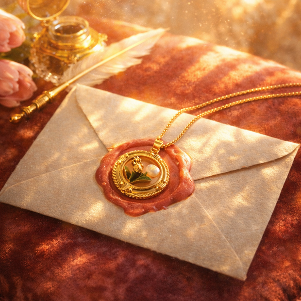 Someday she - Dream visual of The Love Letter French vintage medallion necklace resting on a wax-sealed envelope in warm, slanted sunlight next to an antique inkwell.