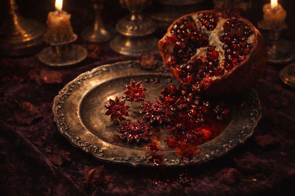 Someday she - Dream visual of The Pomegranate Stain ruby red crystal earrings on a vintage silver platter, surrounded by a split open pomegranate and flickering candles in a dark, atmospheric setting.