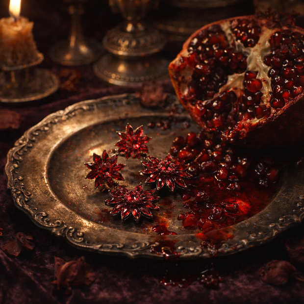 Someday she - Dream visual of The Pomegranate Stain ruby red crystal earrings on a vintage silver platter, surrounded by a split open pomegranate and flickering candles in a dark, atmospheric setting.
