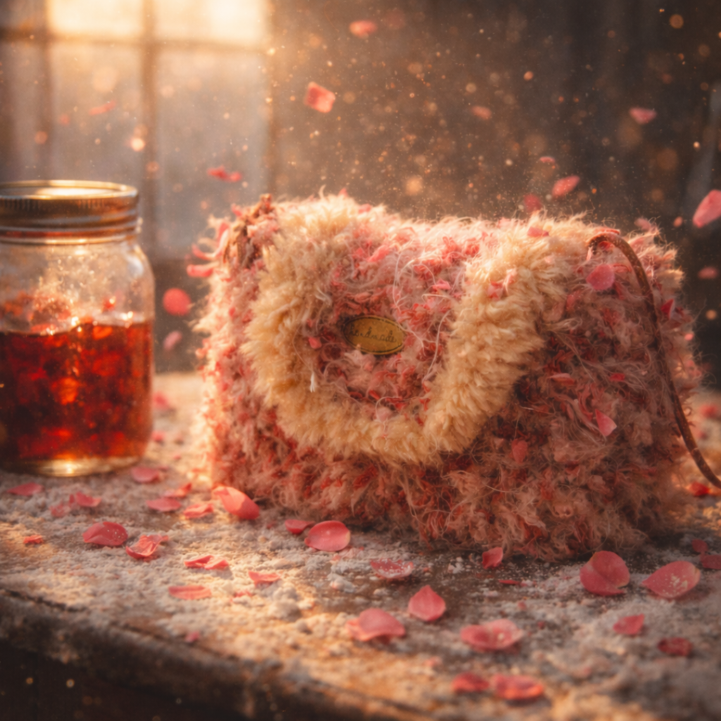 Someday she - Dream visual of The Rose Cream Scone pink shaggy crochet bag on a rustic wooden table, with a jar of strawberry jam and scattered red rose petals in soft golden sunlight.