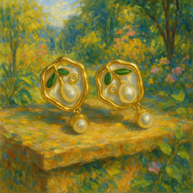Someday she - Dream visual oil painting of The Secret Garden gold-rimmed tulip pearl earrings resting on a mossy stone ledge in a vibrant, sun-dappled impressionist garden.