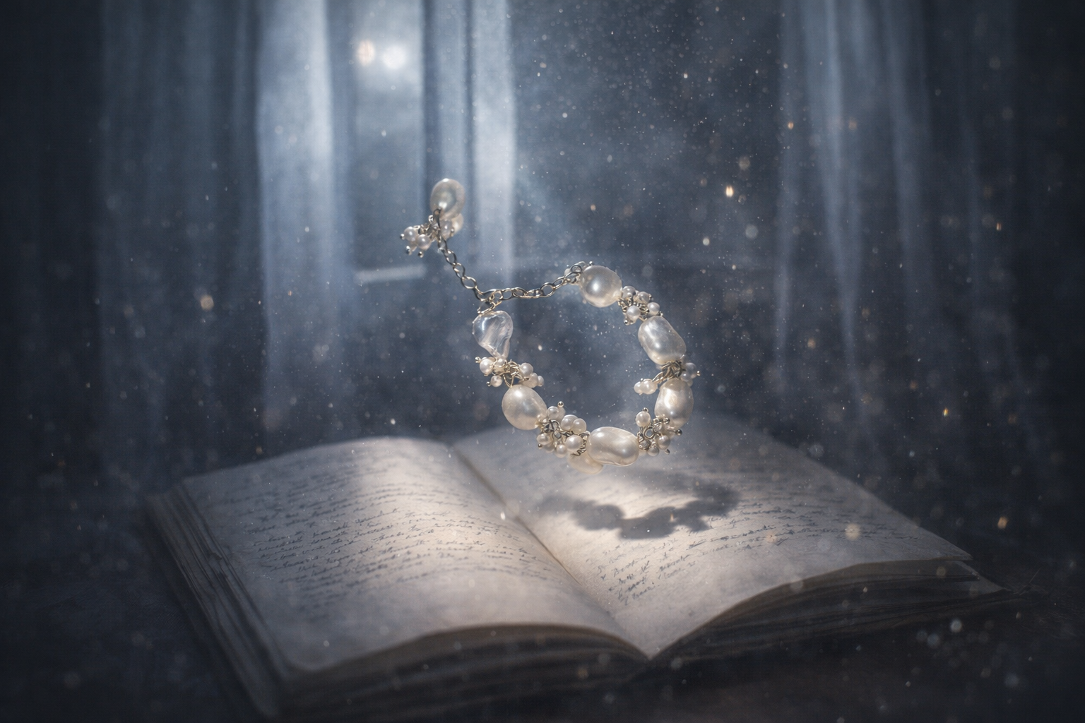 Someday she - Dream visual of The Unfinished Poem baroque pearl bracelet floating above an open antique book in a mystical, starlit room with soft ethereal light.