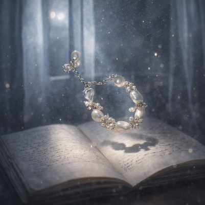 Someday she - Dream visual of The Unfinished Poem baroque pearl bracelet floating above an open antique book in a mystical, starlit room with soft ethereal light.