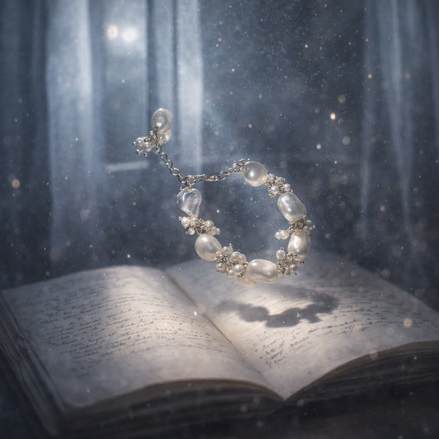 Someday she - Dream visual of The Unfinished Poem baroque pearl bracelet floating above an open antique book in a mystical, starlit room with soft ethereal light.